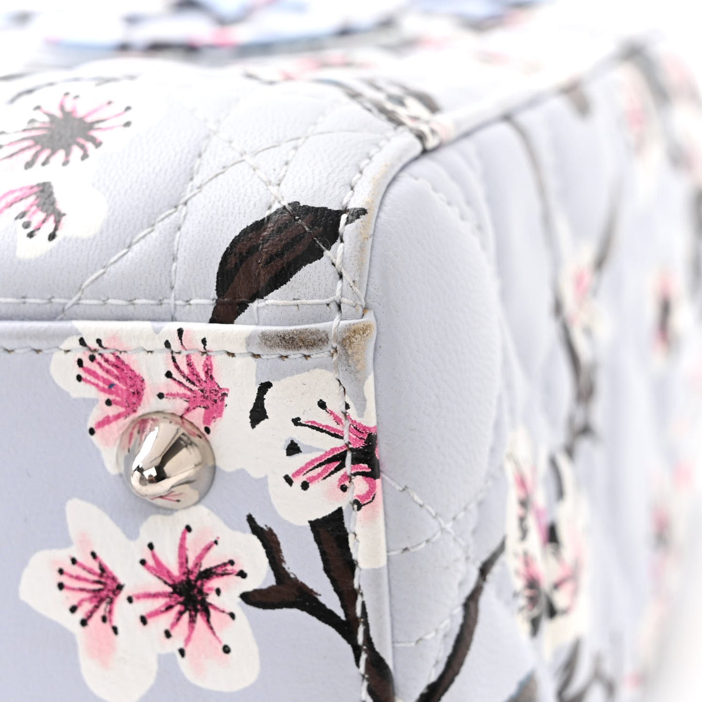 Lambskin Cannage Floral Printed Medium Lady Dior Light Blue