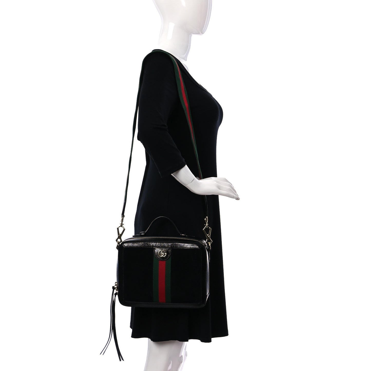 Suede Patent Web Small Ophidia Top Handle Shoulder Bag Black