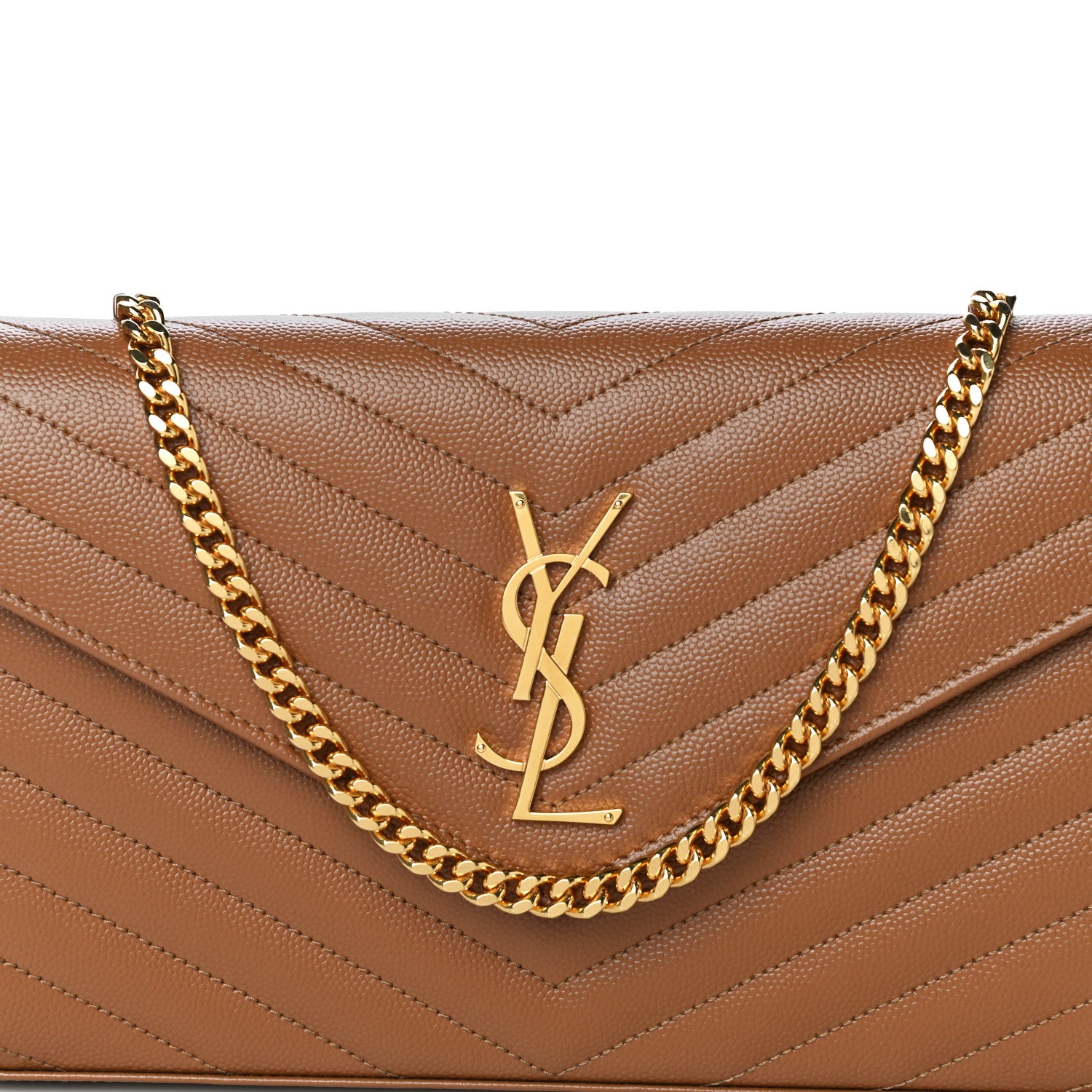 Saint Laurent Grain De Poudre Matelasse Chevron Monogram Chain Wallet Tan 9 of 11
