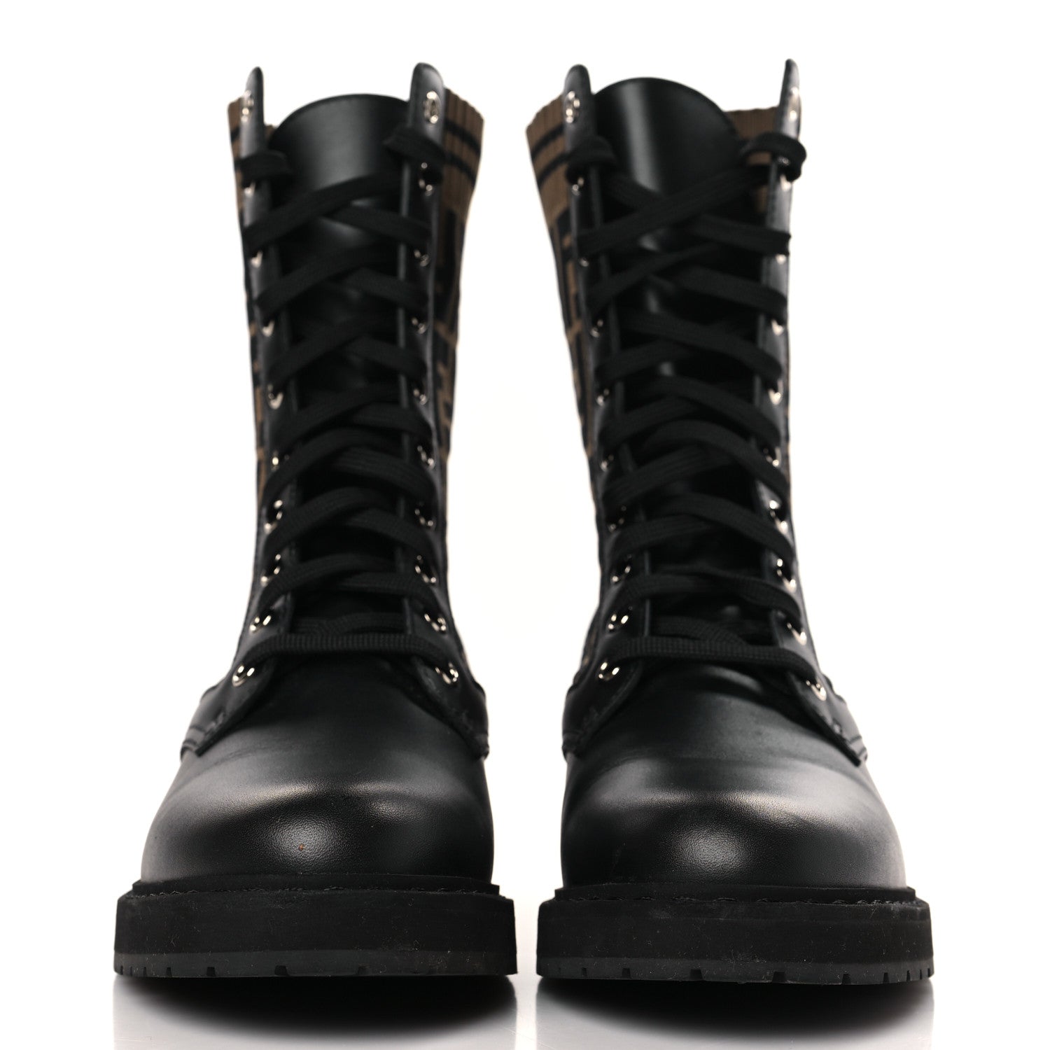 Fendi Calfskin Stretch Fabric FF Rockoko Biker Boots 38.5 Black Tobacco 2 of 8