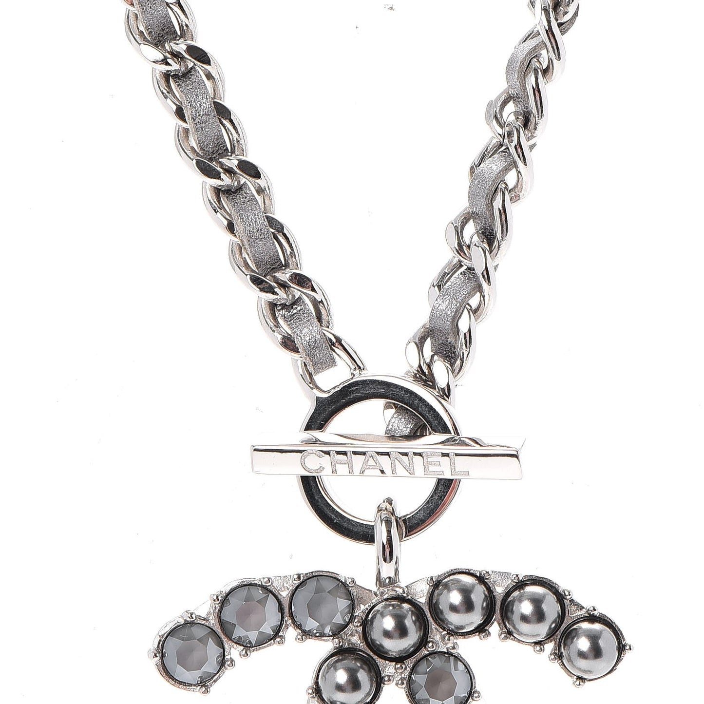 Crystal Pearl Short CC Necklace Silver Ruthenium