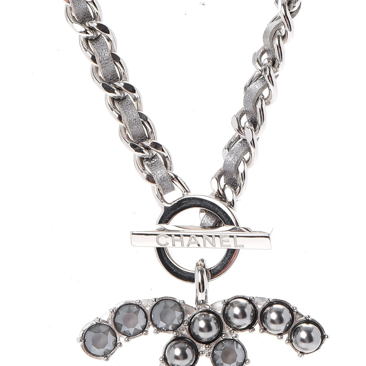 Chanel Crystal Pearl Short CC Necklace Silver Ruthenium 4 of 7