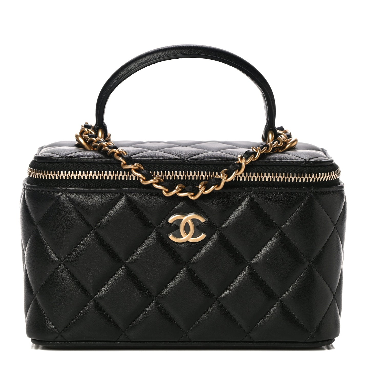 Lambskin Quilted Small Top Handle Vanity Case With Chain Black