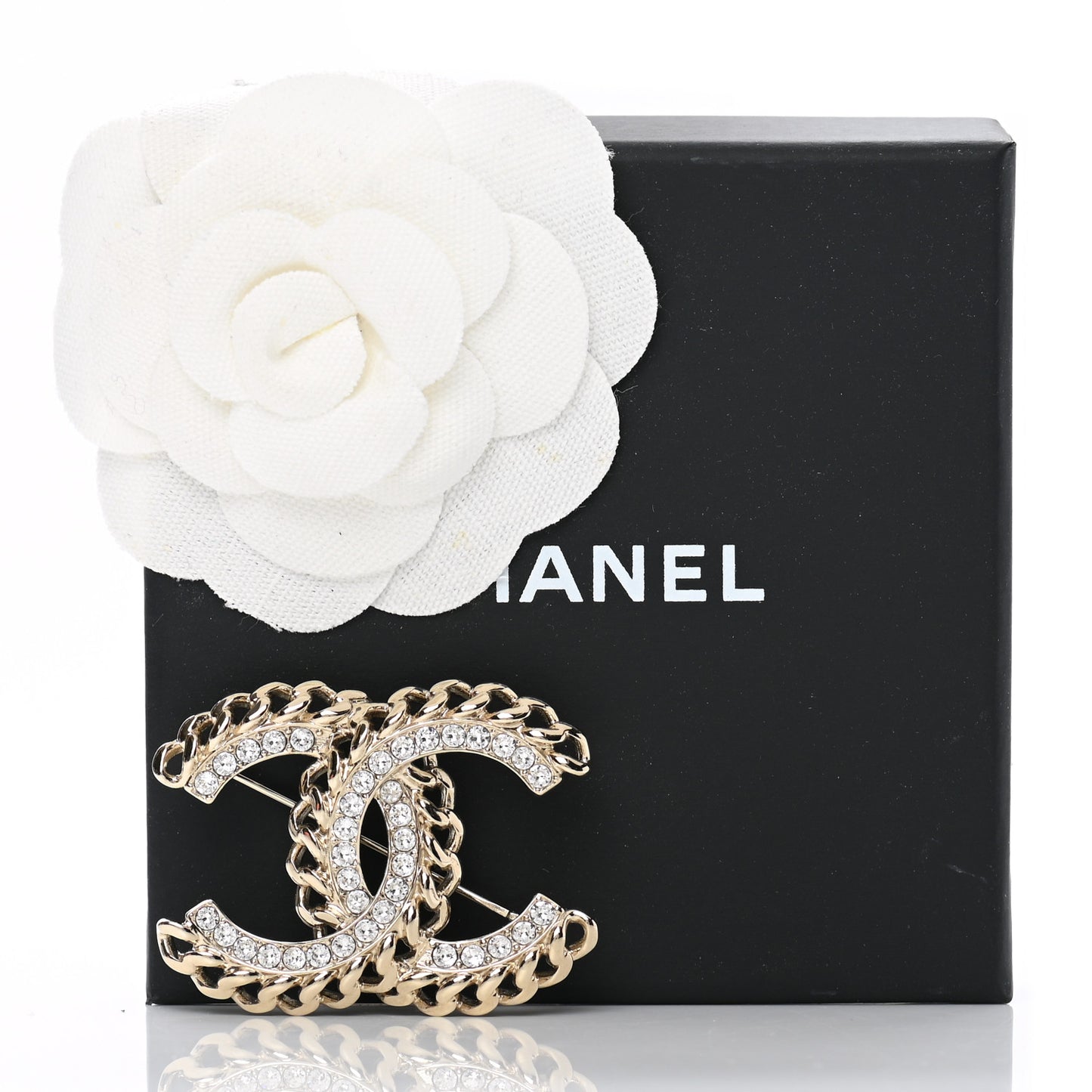 Crystal Chain CC Brooch Gold