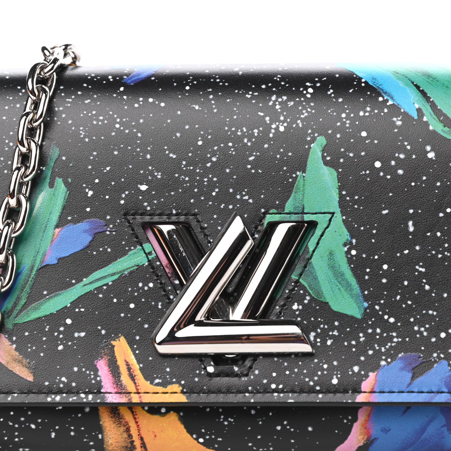 Calfskin Splash Print Twist Chain Wallet Black