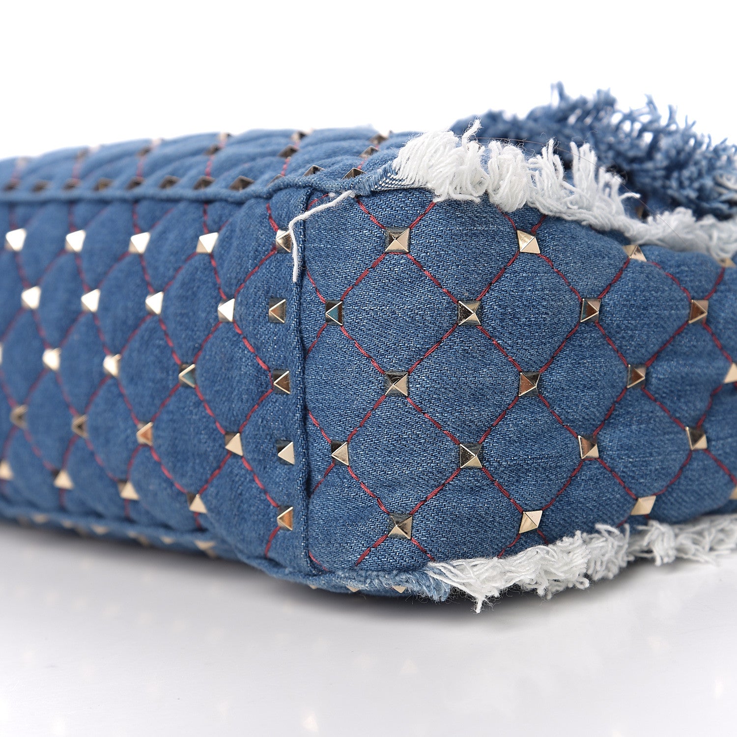 Valentino Garavani Denim Fringe Maxi Rockstud Spike Shoulder Bag Blue 7 of 8