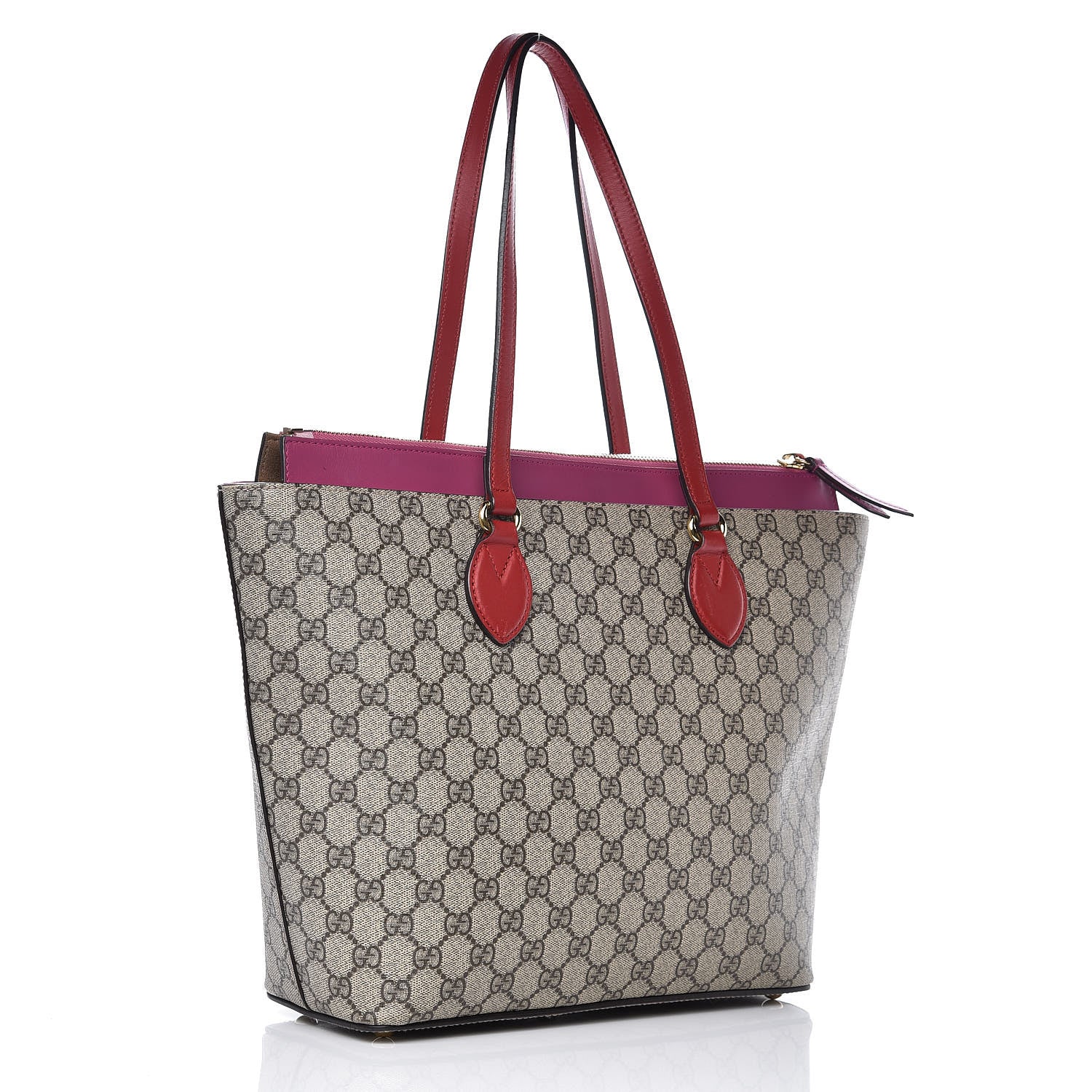 Gucci GG Supreme Monogram Medium Zippered Bucket Tote Beige Hibiscus Red New Rosette 3 of 12