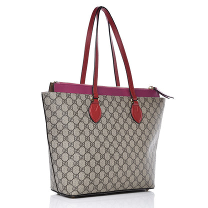 Gucci GG Supreme Monogram Medium Zippered Bucket Tote Beige Hibiscus Red New Rosette 3 of 12