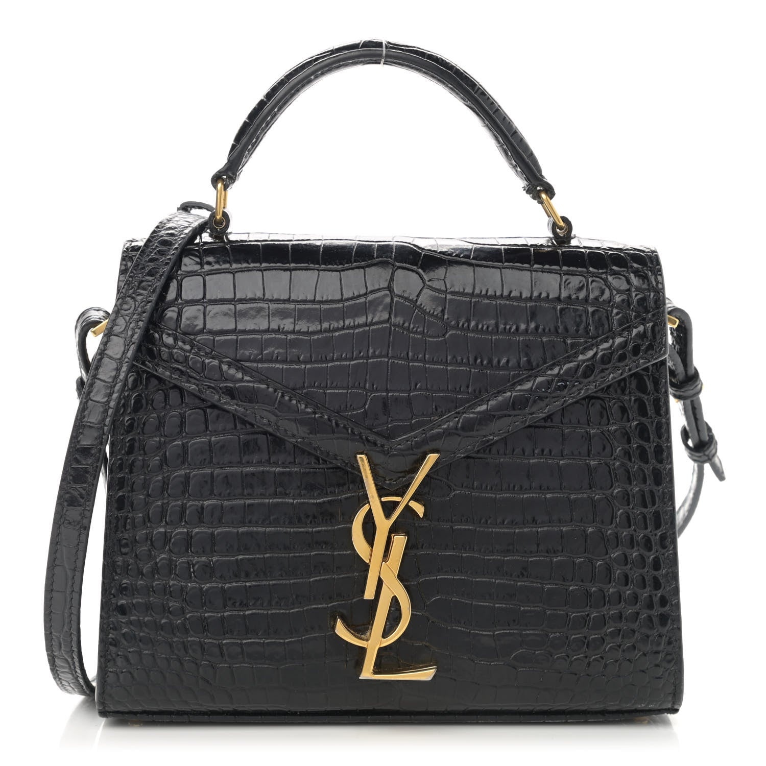 Saint Laurent Calfskin Crocodile Embossed Mini Classic Monogram Cassandra Top Handle Black 1 of 9