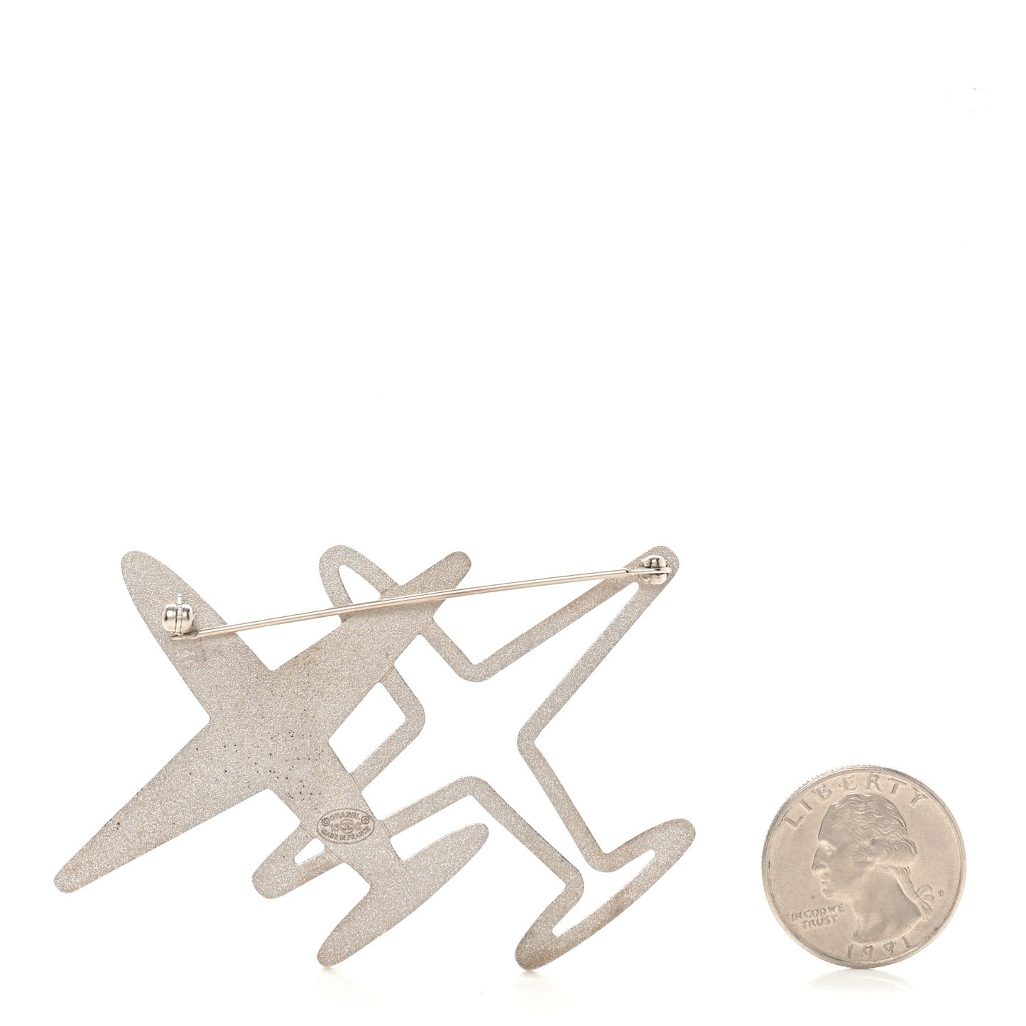 Crystal Metal CC Airplane Brooch Silver