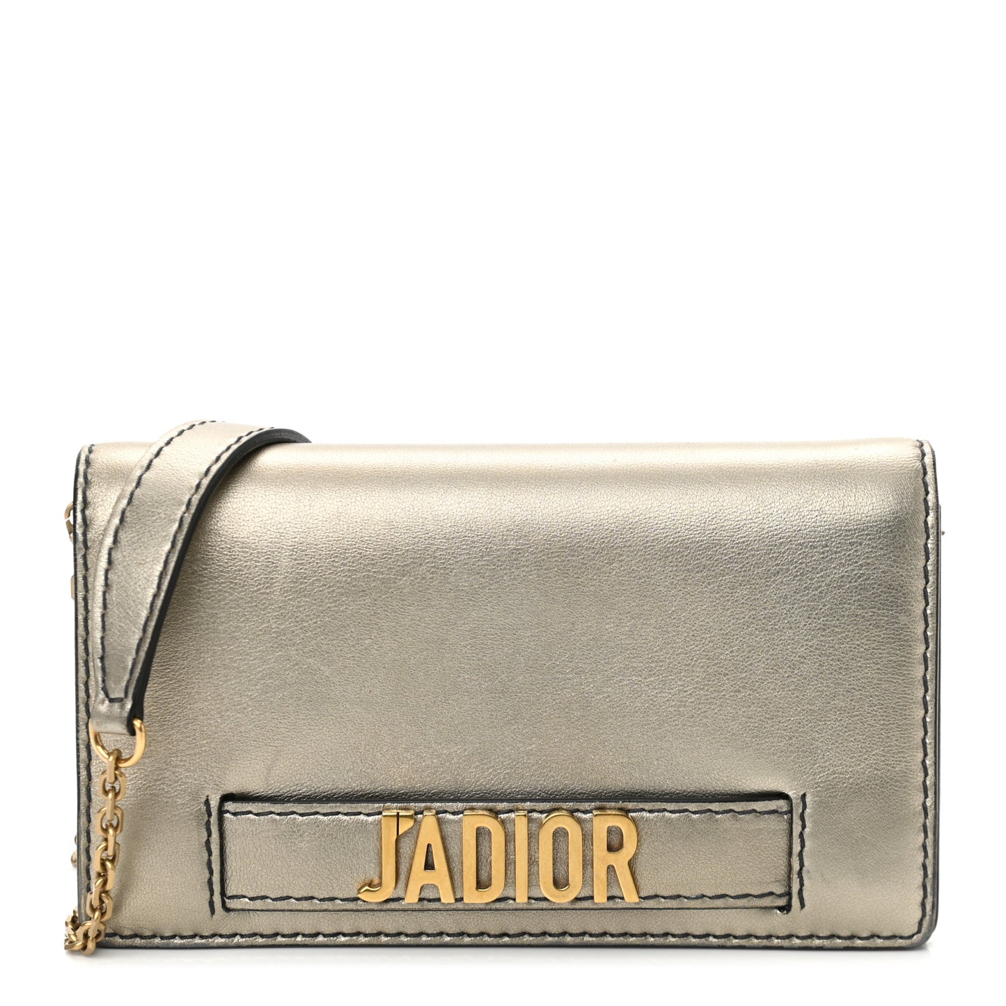 Metallic Calfskin Mini J'Adior Wallet On Chain Pouch Gold