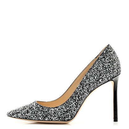 Jimmy Choo Coarse Glitter Pointy Toe Romy 100 Pumps 38.5 Black White 1 of 8
