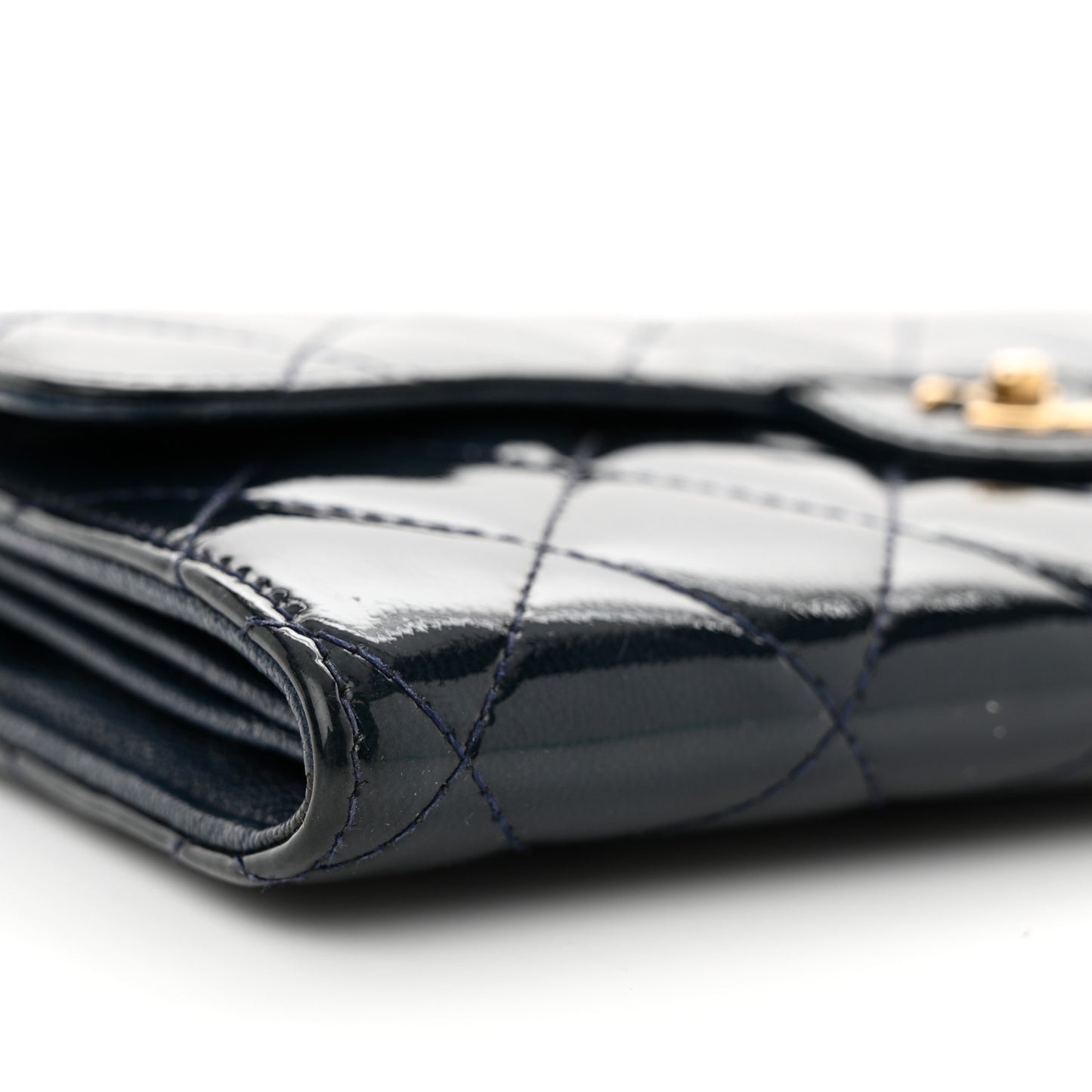 Patent Goatskin Quilted CC Eyelet Wallet On Chain Dark Blue