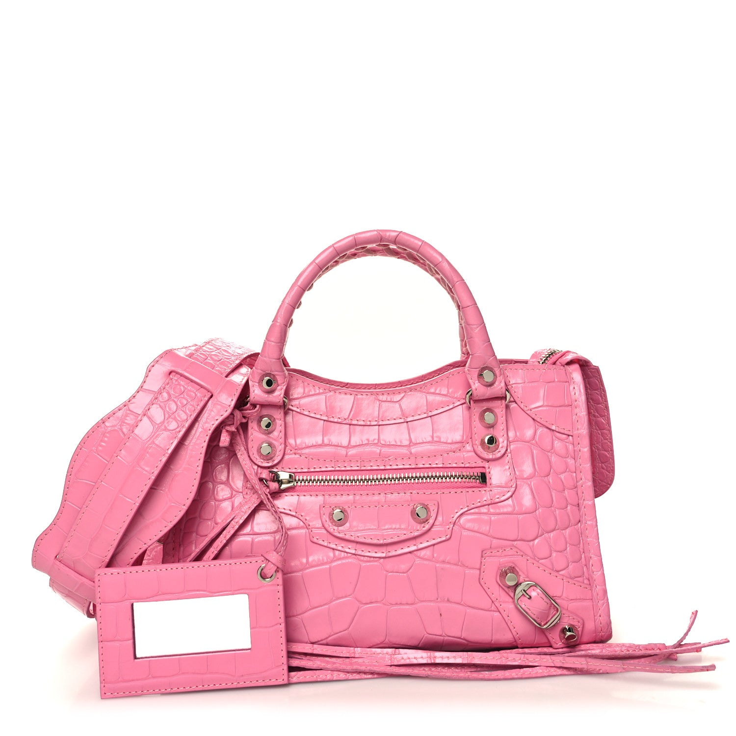 Balenciaga Shiny Supple Calfskin Crocodile Embossed Classic Silver Hardware Mini City Baby Pink 1 of 14