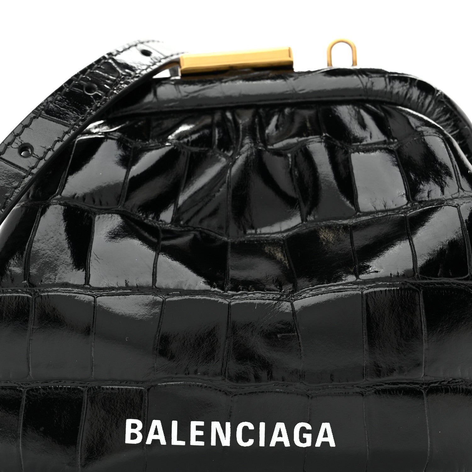 Balenciaga Shiny Supple Calfskin Logo Crocodile Embossed Cloud Coin Purse With Strap Black White 8 of 10