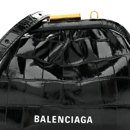 Balenciaga Shiny Supple Calfskin Logo Crocodile Embossed Cloud Coin Purse With Strap Black White 8 of 10