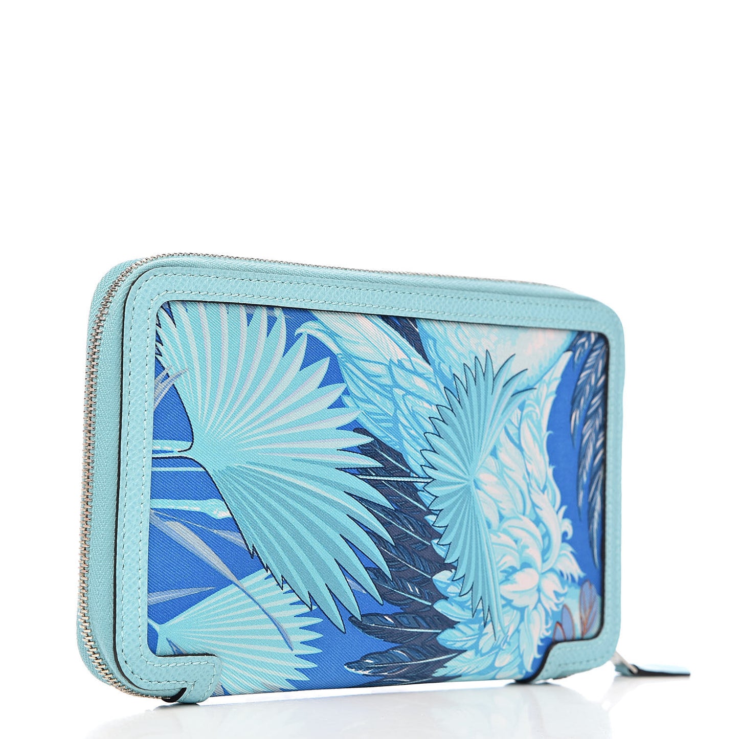 Epsom Printed Silk Flamingo Party Soie-Cool Wallet Mykonos Bleu Atoll