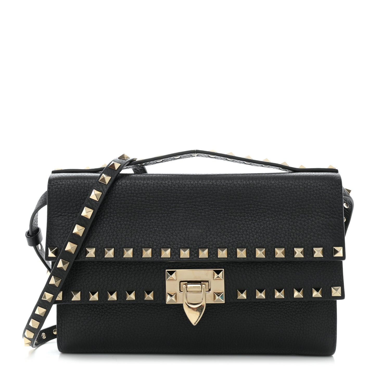 Grainy Calfskin Rockstud Double Flap Crossbody Bag Black