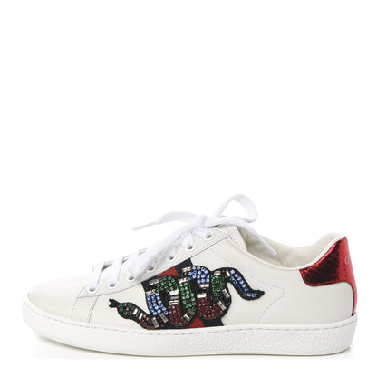Gucci Calfskin Ayers Crystal Web Kingsnake Embroidered Womens Ace Sneakers 34.5 Green Red 1 of 10