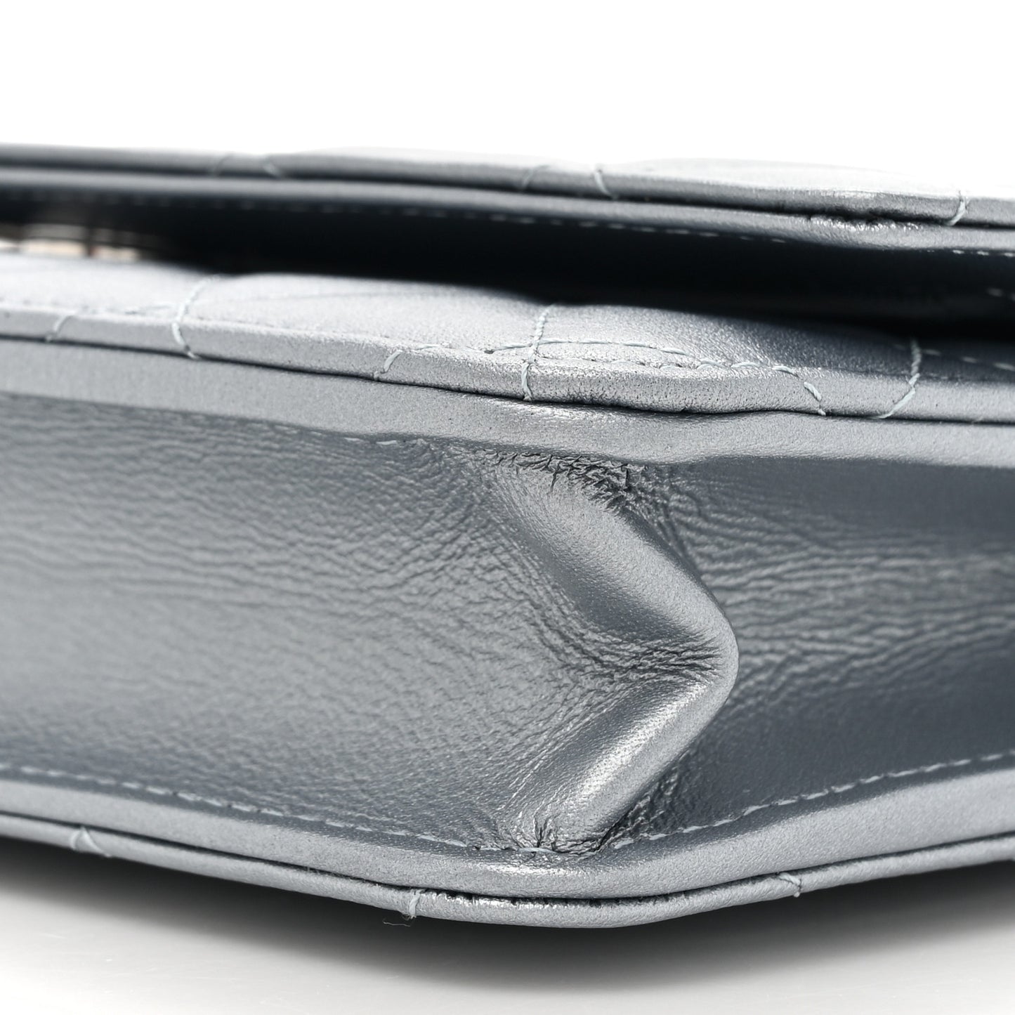 Metallic Lambskin Quilted Wallet On Chain WOC Silver