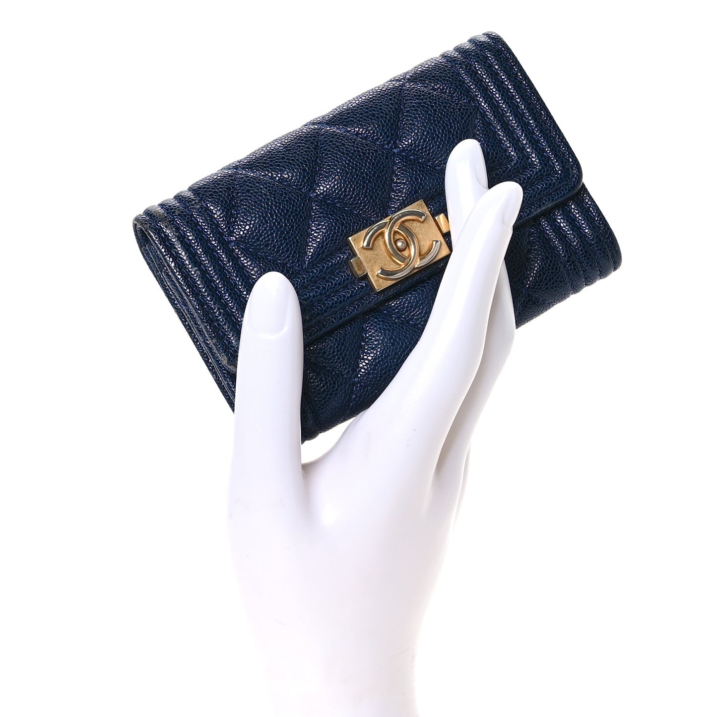 Caviar Quilted Boy Flap Card Holder Navy