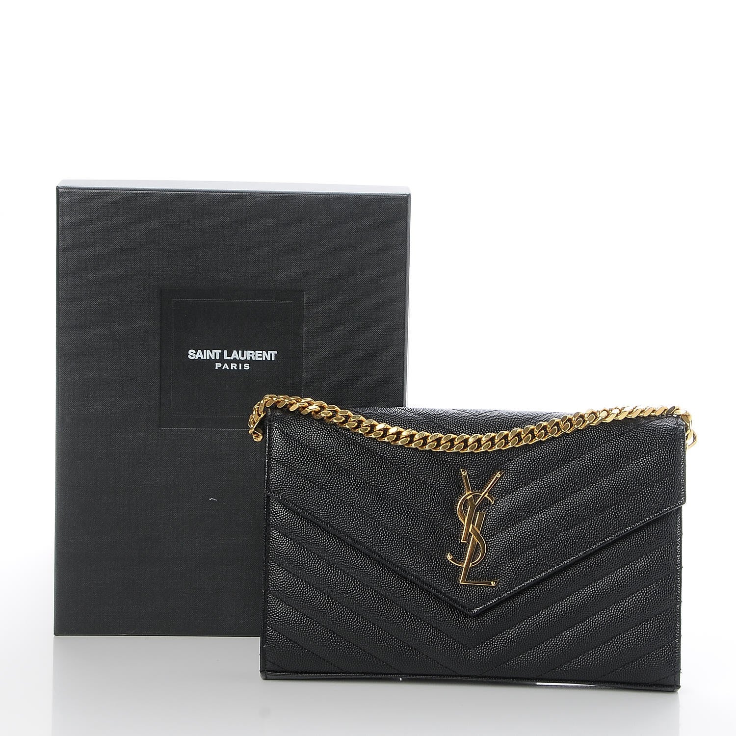 Saint Laurent Grain De Poudre Matelasse Chevron Monogram Chain Wallet Black 10 of 10