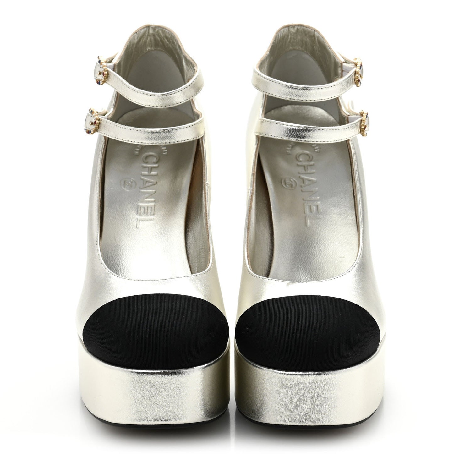 Laminated Lambskin Grosgrain Cap Toe CC Mary Jane Pumps 37 Silver Black