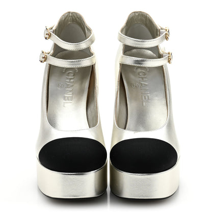 Chanel Laminated Lambskin Grosgrain Cap Toe CC Mary Jane Pumps 37 Silver Black 3 of 9
