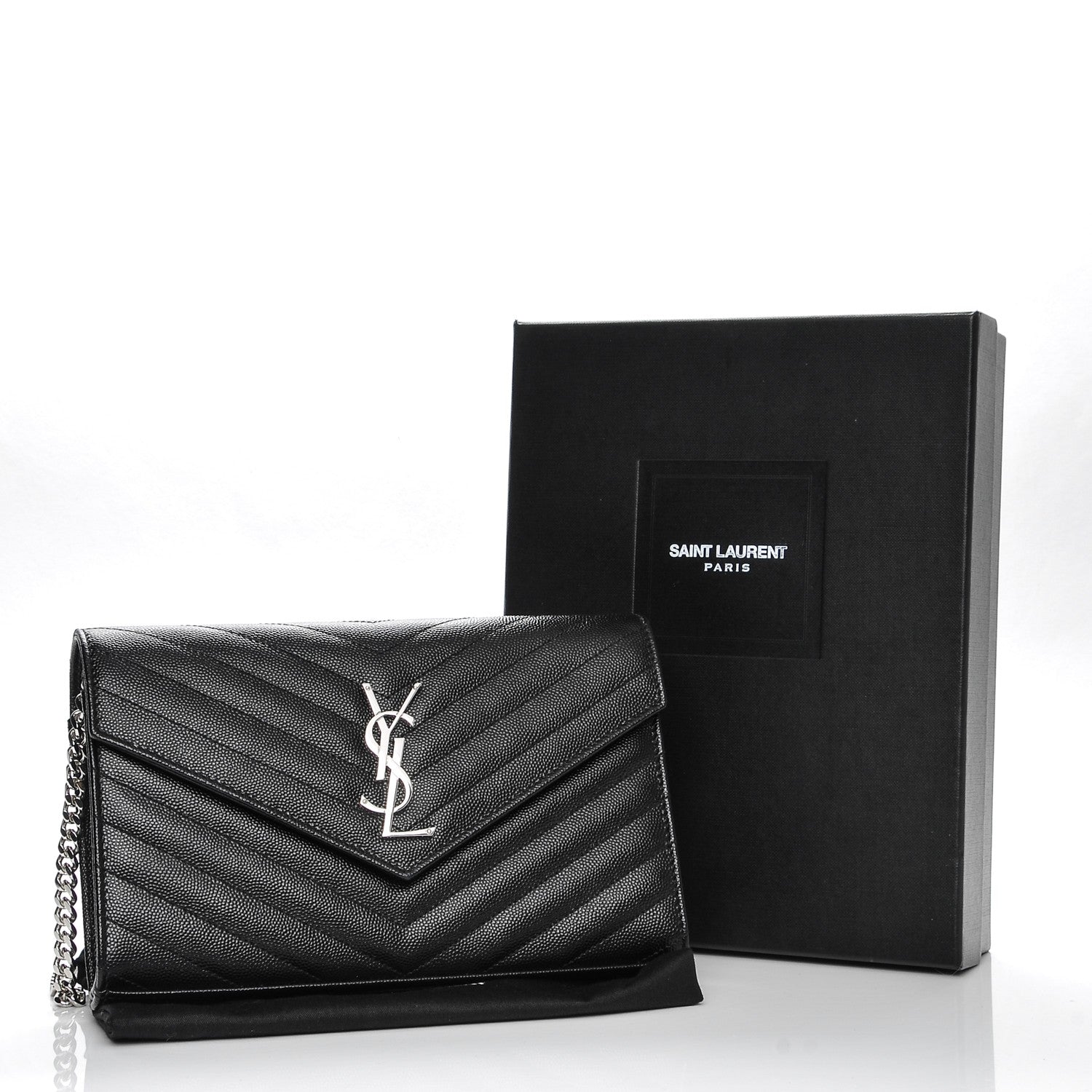 Saint Laurent Grain De Poudre Matelasse Chevron Medium Monogram Chain Wallet Black 8 of 8