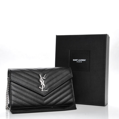 Saint Laurent Grain De Poudre Matelasse Chevron Medium Monogram Chain Wallet Black 8 of 8