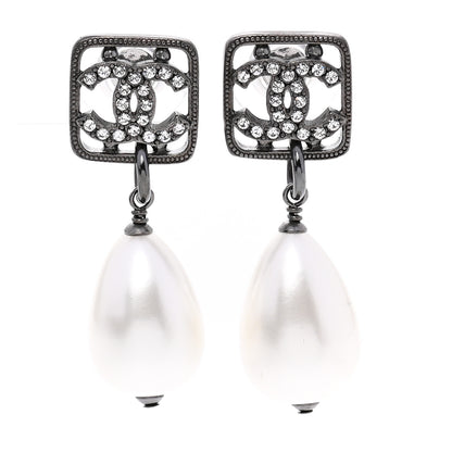 Chanel Ruthenium Crystal Pearl CC Square Drop Earrings Pearly White 1 of 4