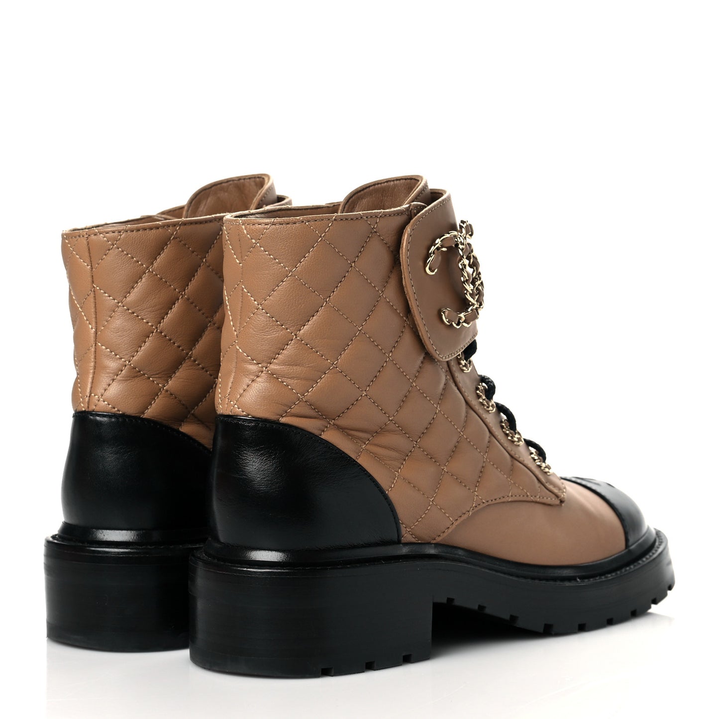 Lambskin Calfskin Quilted Lace Up Combat Boots 37 Light Brown