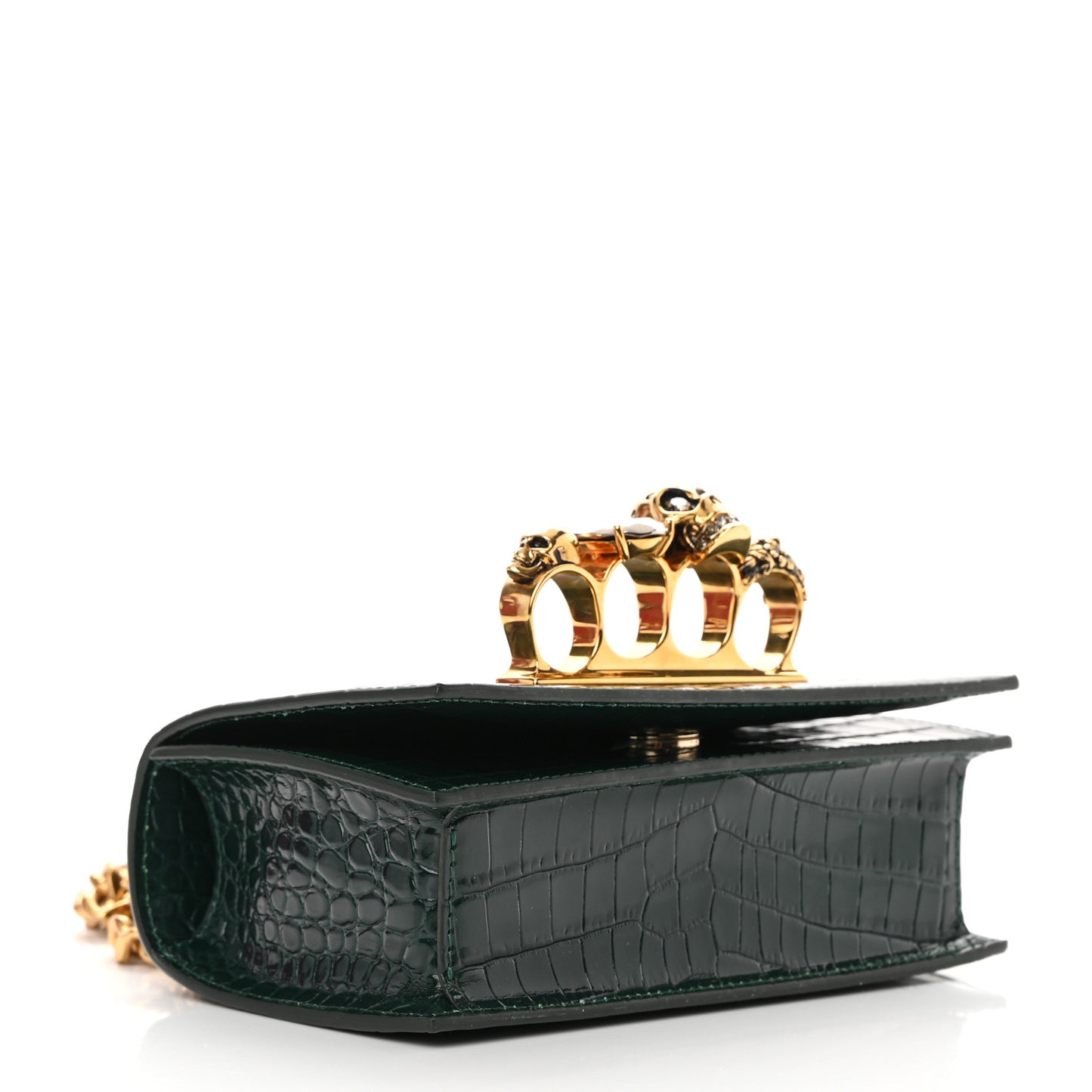 Shiny Crocodile Embossed Jeweled Satchel Emerald