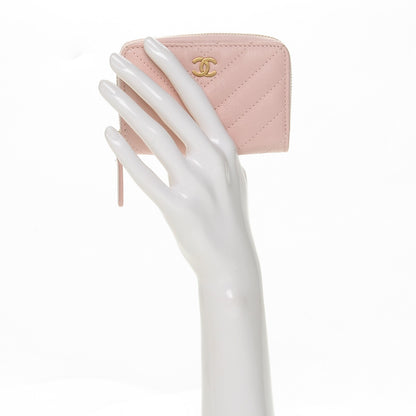 Chanel Calfskin Chevron Quilted Zip Around Coin Purse Light Pink 2 of 7