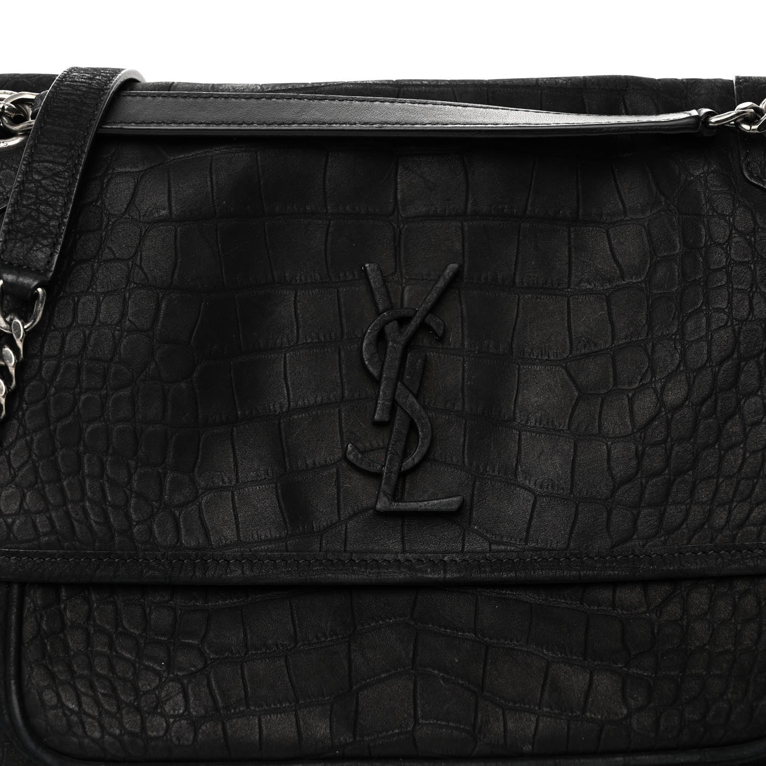 Saint Laurent Nubuck Crocodile Embossed Monogram Medium Niki Chain Satchel Black 7 of 9