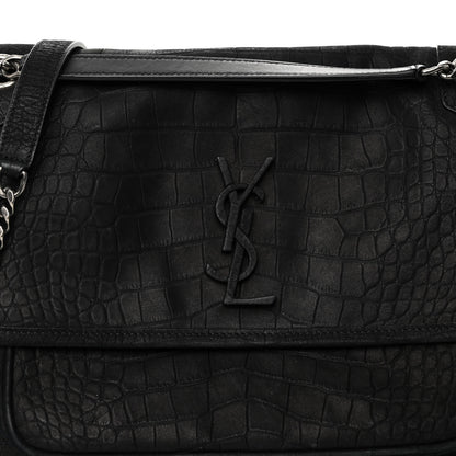 Saint Laurent Nubuck Crocodile Embossed Monogram Medium Niki Chain Satchel Black 7 of 9