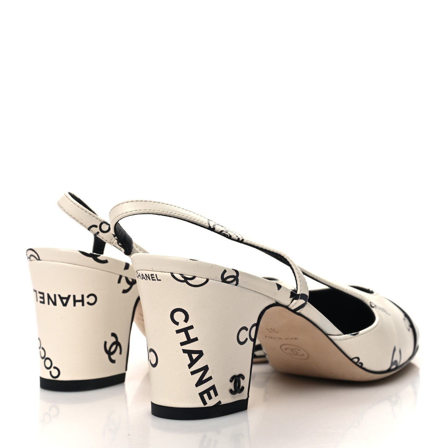 Printed Lambskin Cap Toe CC Slingback Pumps 37 Black White
