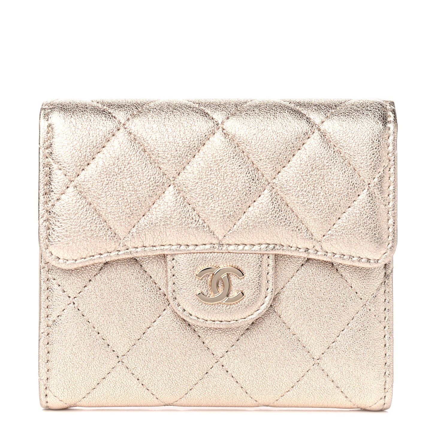 Metallic Lambskin Quilted Compact Flap Wallet Gold