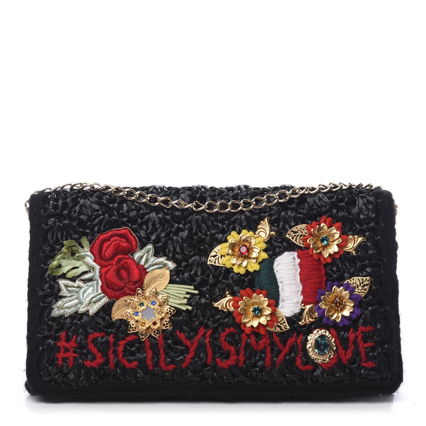 Woven Raffia Embellished Chain Flap Bag Black Multicolor