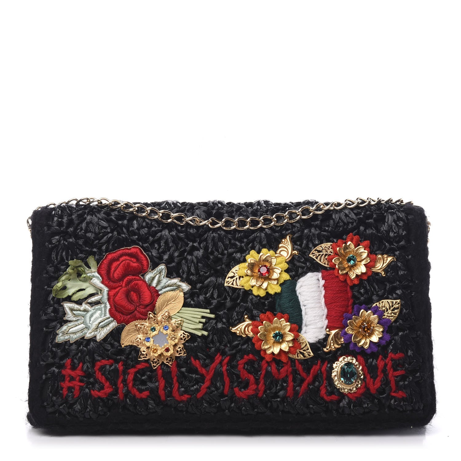 Dolce & Gabbana Woven Raffia Embellished Chain Flap Bag Black Multicolor 1 of 8
