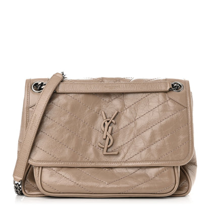 Saint Laurent Crinkled Calfskin Matelasse Monogram Medium Niki Chain Satchel Gold Sand 1 of 9