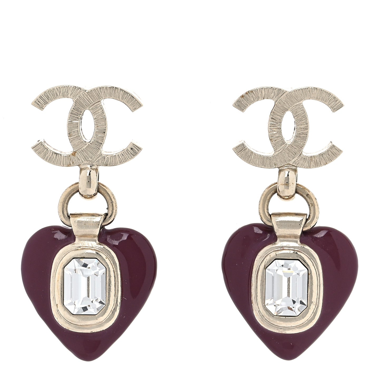 Resin Crystal CC Heart Drop Earrings Red Gold