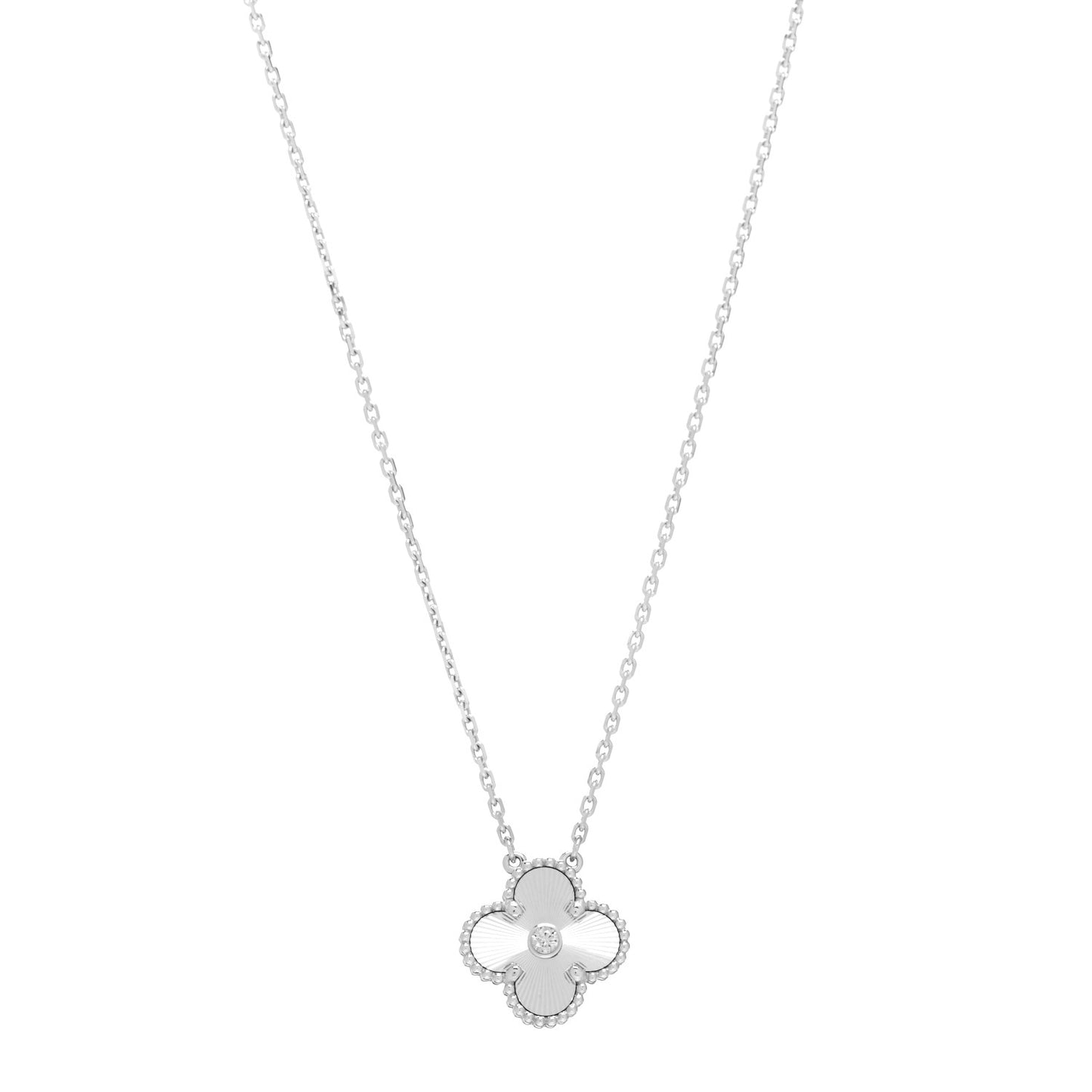 18K White Gold Diamond Guilloche Vintage Alhambra Pendant Necklace