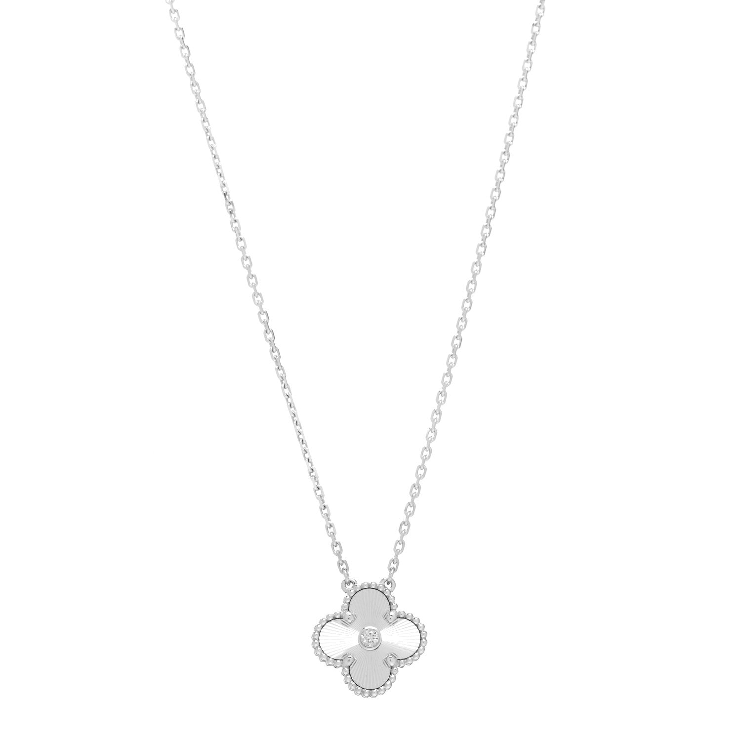 Van Cleef & Arpels 18K White Gold Diamond Guilloche Vintage Alhambra Pendant Necklace 1 of 5