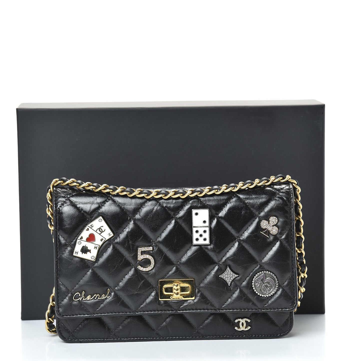 Aged Calfskin Quilted Lucky Charms Casino 2.55 Reissue Wallet On Chain WOC Black