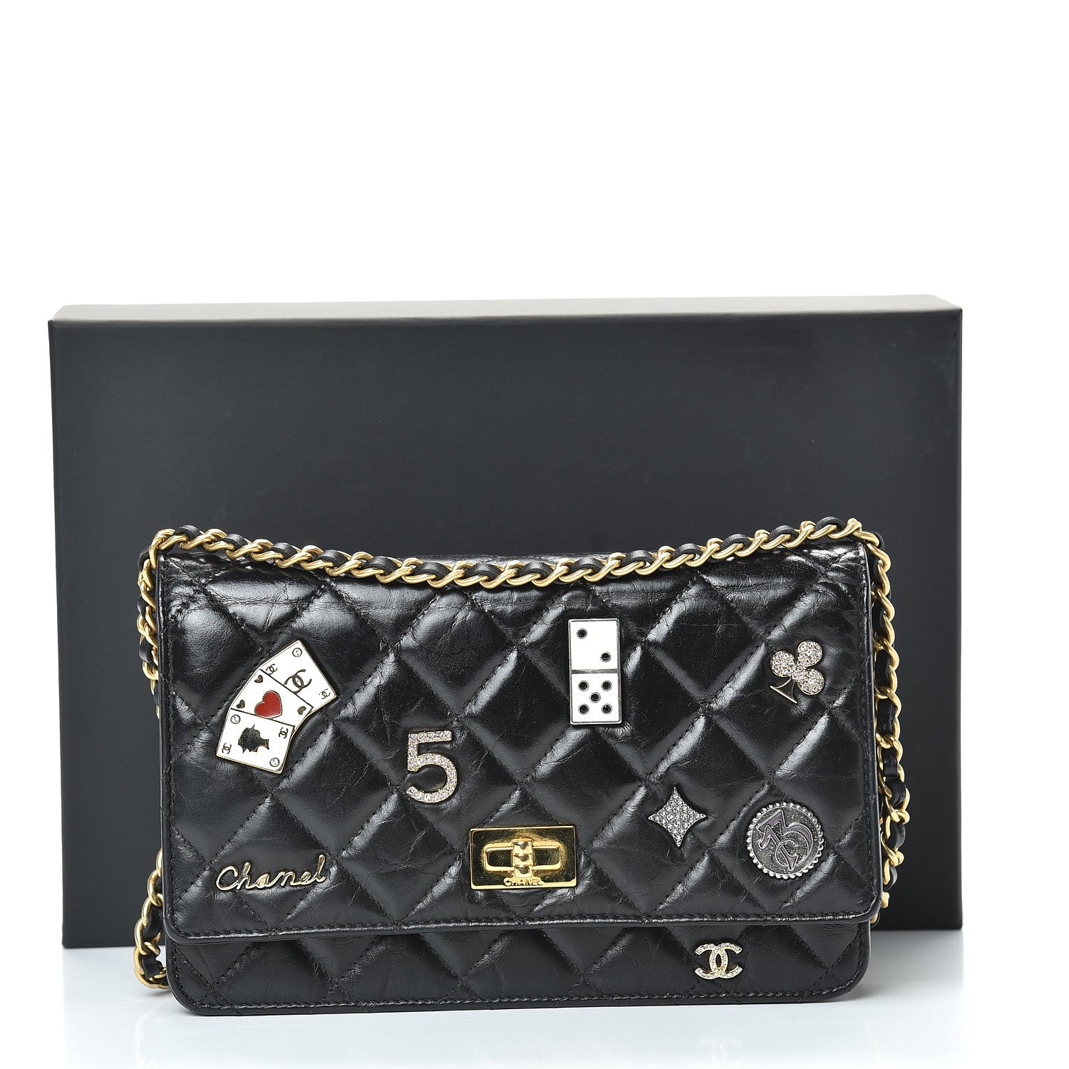 Chanel Aged Calfskin Quilted Lucky Charms Casino 2.55 Reissue Wallet On Chain WOC Black 11 of 11