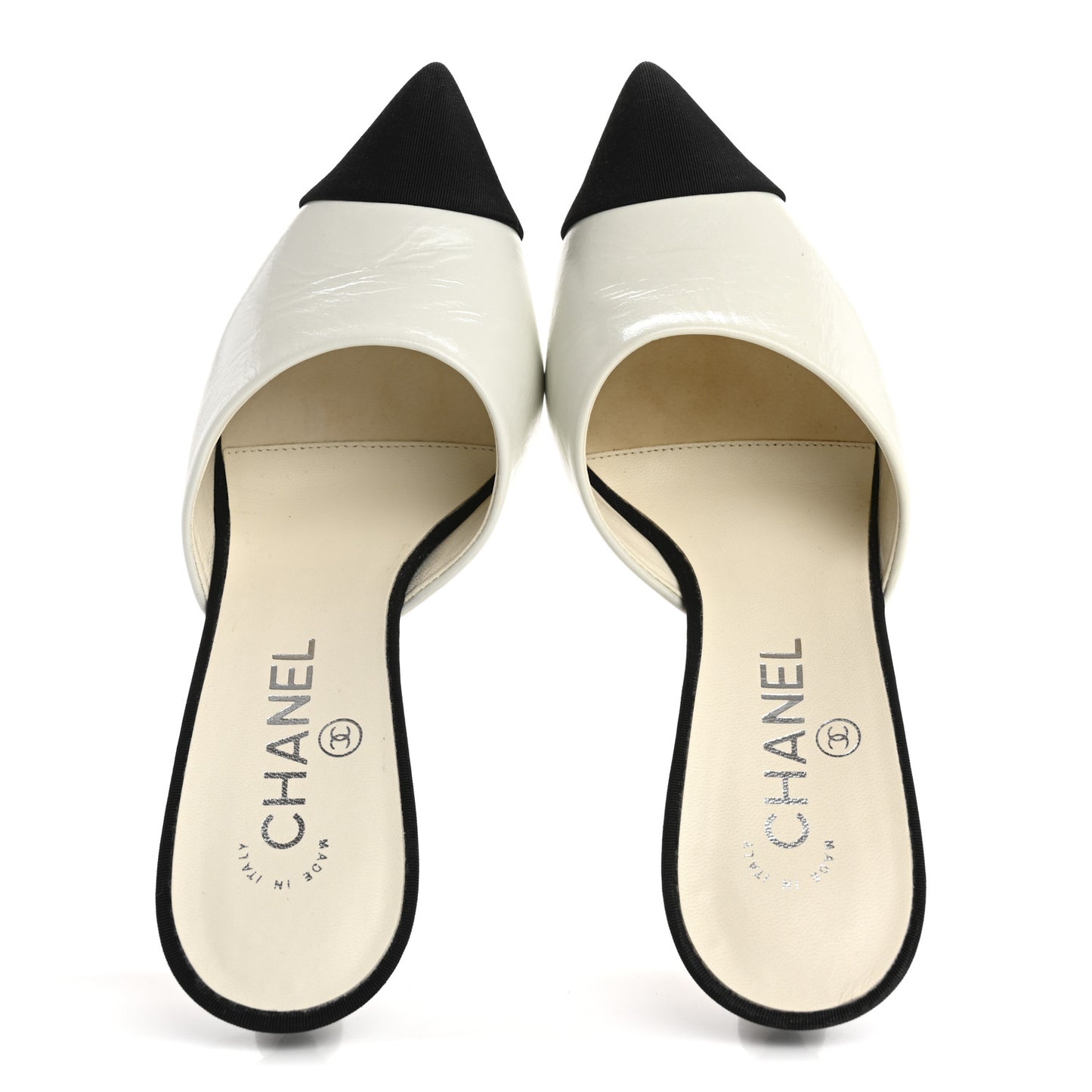 Patent Lambskin Grosgrain Cap Toe Pearl Mule 36.5 Ecru Black
