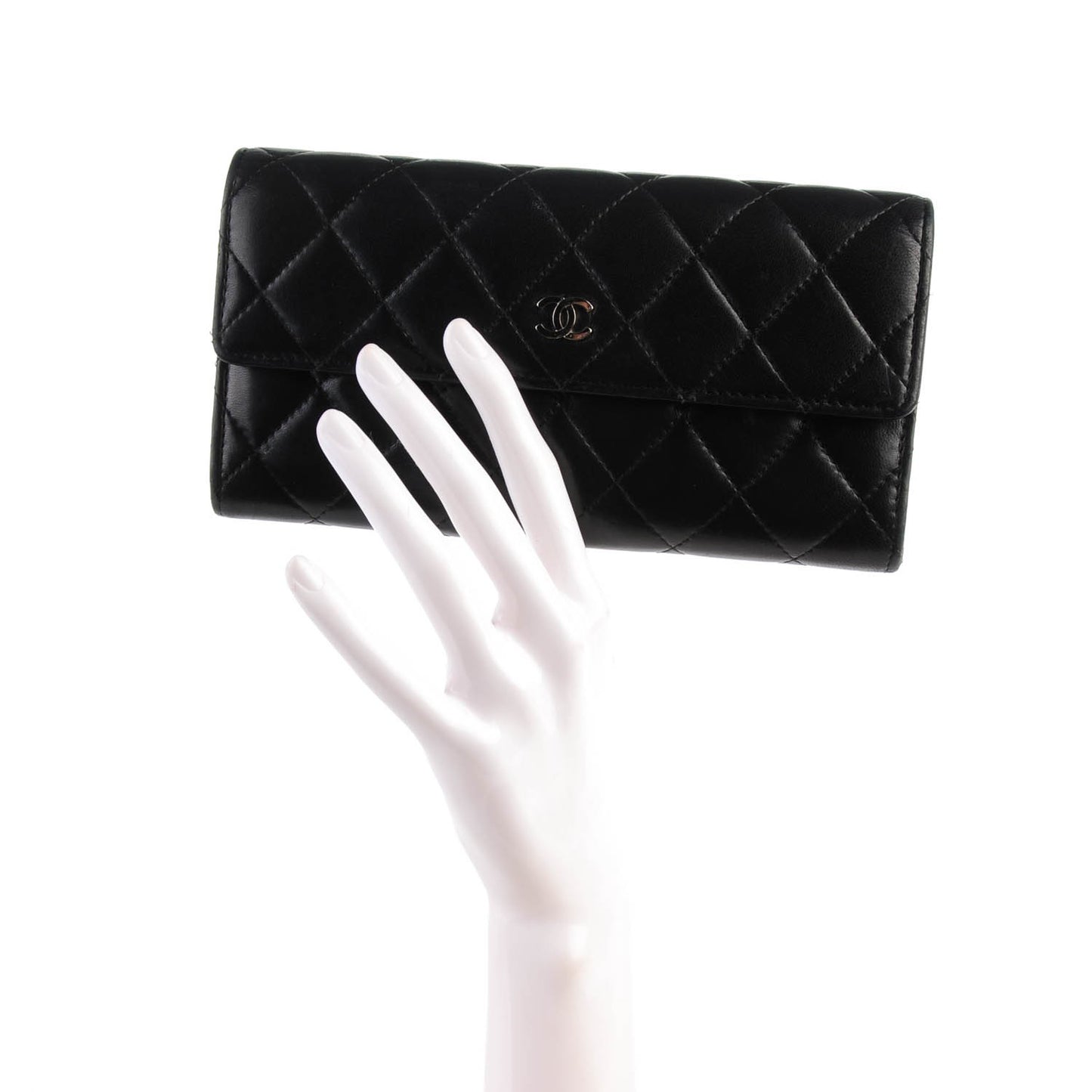 Lambskin Quilted Large Gusset Flap Wallet Black