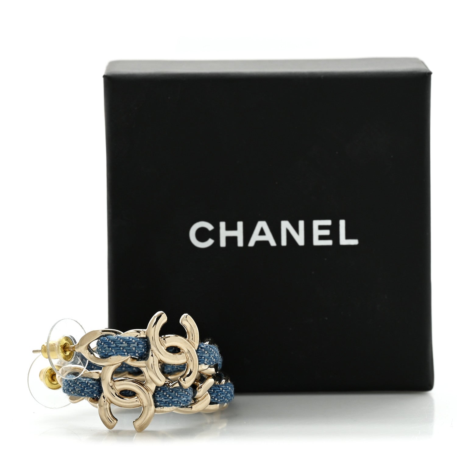 Chanel Metal Denim CC Chain Hoop Earrings Gold Blue 5 of 5