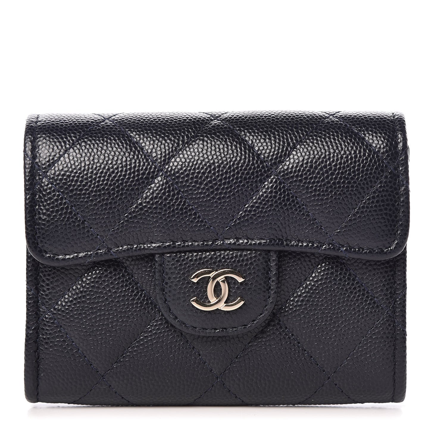 Caviar Quilted Flap Card Holder Wallet Navy